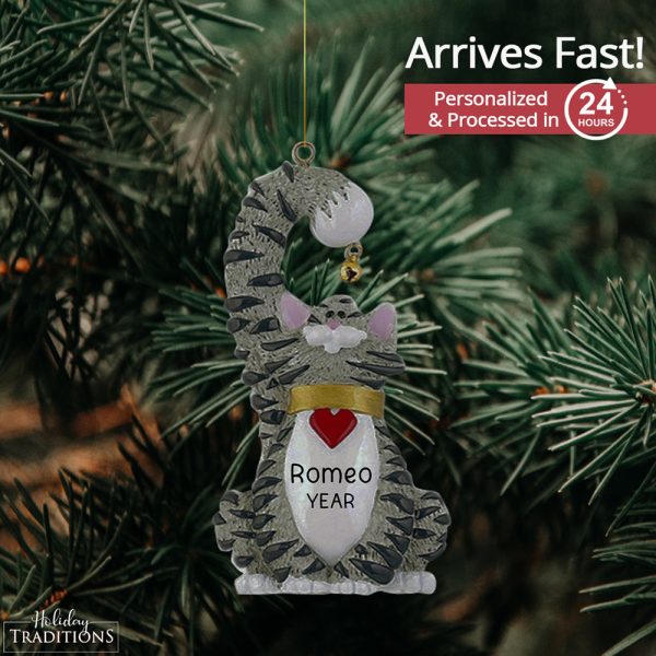 Gray Tabby Cat With Bell Christmas Ornament Supply