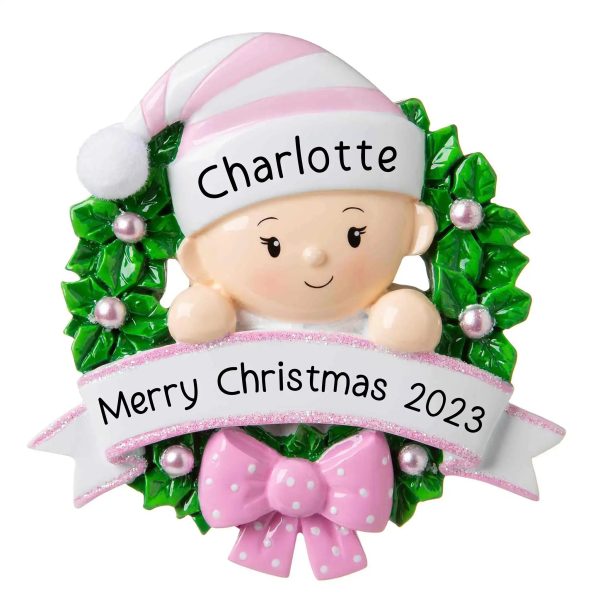 Pink Baby Girl Wreath Christmas Ornament on Sale