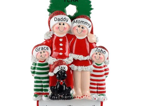 Family of 4 with Black Dog Christmas Ornament on Sale