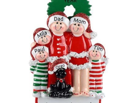 Family of 5 with Black Dog Christmas Ornament on Sale