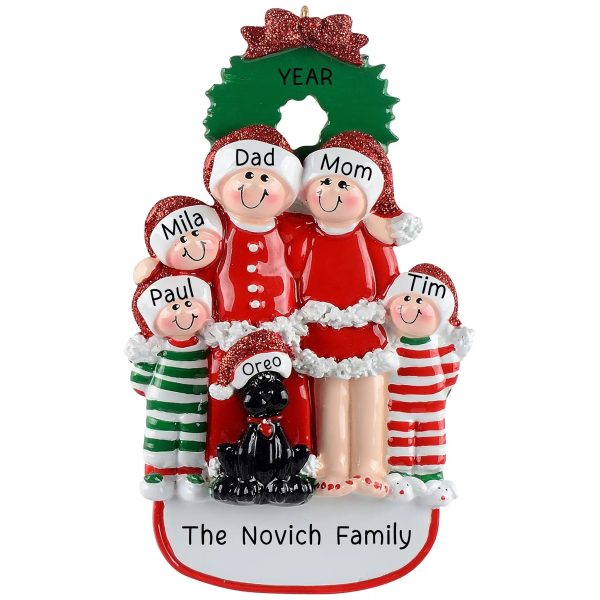 Family of 5 with Black Dog Christmas Ornament on Sale